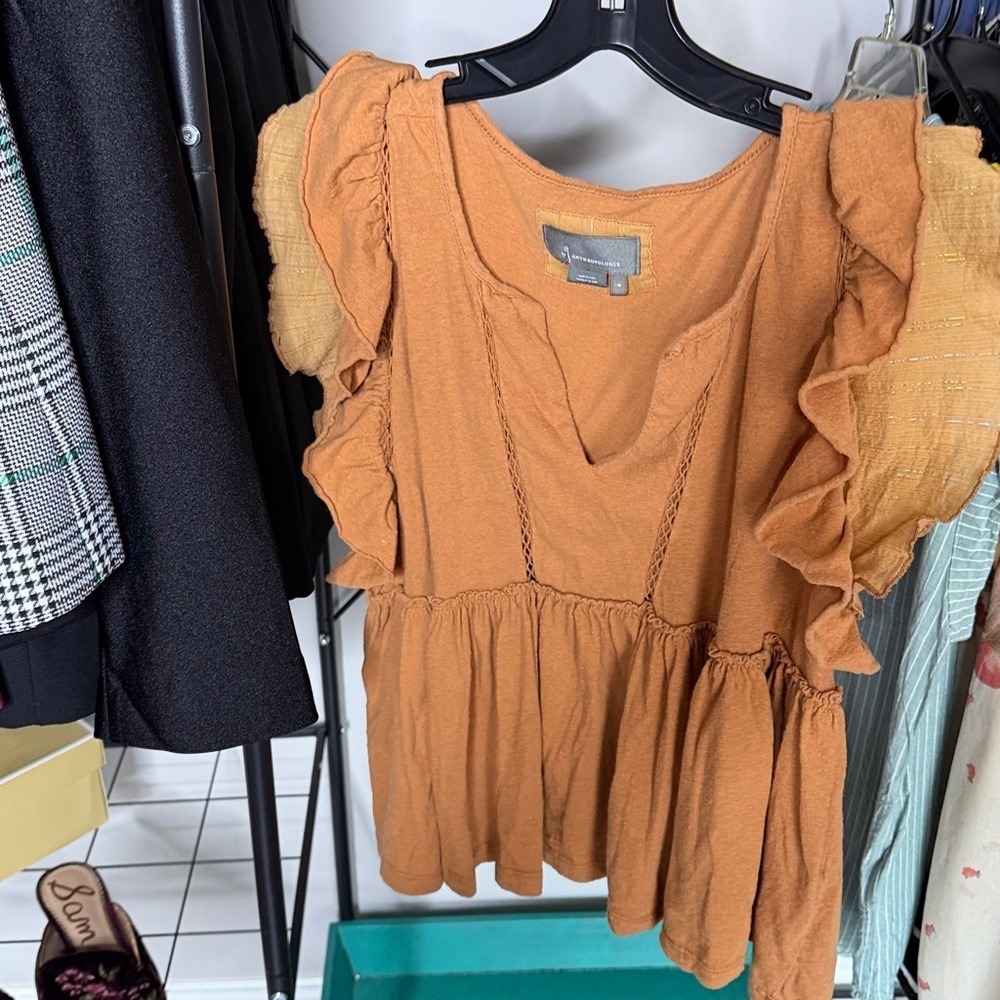 Anthropologie Ruffle Sleeve Peplum Top Terracotta Orange Lace V-Neck Medium